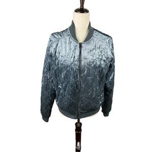 Jade & Ivory Womens Quilted Pewter Blue Velvet Bomber Jacket Size S